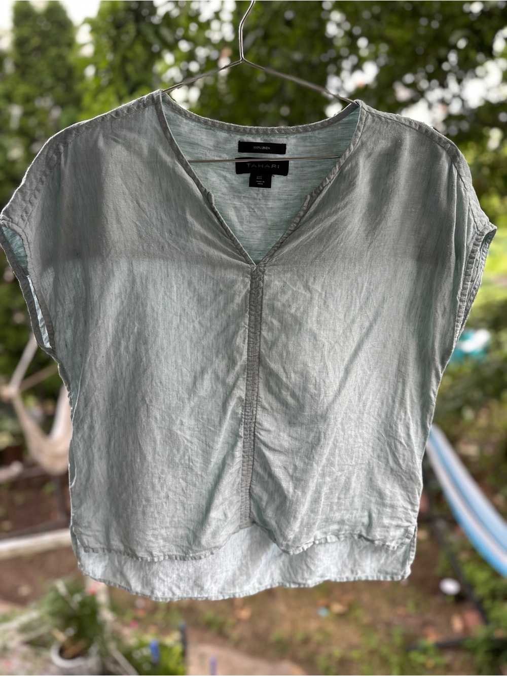 Tahari blue green V-Neck Cap Sleeve Blouse